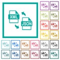 XML JSON file conversion flat color icons with quadrant frames