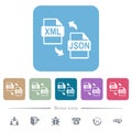 XML JSON file conversion flat icons on color rounded square backgrounds