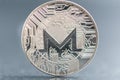 XMR. Monero Crypto currency silver coin, Macro shot of Iota coin isolated on background, cut out Blockchain technology,