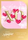 XO gold text for Valentine\'s day sale banner background. Hugs Kisses Valentines day with red heart balloon pink Royalty Free Stock Photo