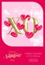 XO gold text for Valentine\'s day sale banner background. Hugs Kisses concept of Valentines day with red heart balloon pink Royalty Free Stock Photo