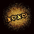 XOXO hand written phrase on gold glitter confetti background. Hugs and kisses sign. Grunge brush lettering XO. Easy to edit