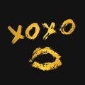 XOXO hand written phrase and gold lipstick kiss on black background. Hugs and kisses sign. Grunge brush lettering XO. Easy to edit