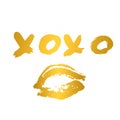 XOXO hand written phrase and gold lipstick kiss isolated on white background. Hugs and kisses sign. Grunge brush lettering XO.