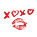 XOXO hand written phrase and red lipstick kiss isolated on white background. Hugs and kisses sign. Grunge brush lettering XO. Easy Royalty Free Stock Photo