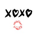 XOXO hand written phrase and red lipstick kiss isolated on white background. Hugs and kisses sign. Grunge brush lettering XO. Easy Royalty Free Stock Photo