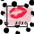 XOXO hugs and kisses lipstick kiss on a white background.