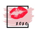 XOXO hugs and kisses lipstick kiss on a white background.