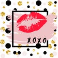 XOXO hugs and kisses lipstick kiss on a white background. Vector.