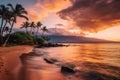 Warm Tropical Sunset on Kaanapali Beach in Maui, Hawaii