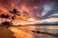 Warm Tropical Sunset on Kaanapali Beach in Maui, Hawaii