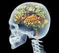 Xray of human head with fruit and vegetables for brain.