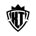 XT Letter bold monogram triangle curve shield shape with crown black and white background color design
