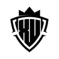 XU Letter bold monogram triangle curve shield shape with crown black and white background color design