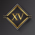 XV Letter logo in a square shape gold and silver colored geometric ornaments. Vector design template elements for your business or