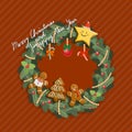 Christmas wreath on red background with gingerbread composition and icing, decoration Royalty Free Stock Photo