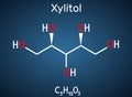 Xylitol,  C5H12O5 molecule. It is polyalcohol and sugar alcohol, an alditol. Is used as food additive E967 and sugar substitute. Royalty Free Stock Photo