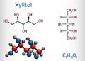 Xylitol,  C5H12O5 molecule. It is polyalcohol and sugar alcohol, an alditol. Is used as food additive E967 and sugar substitute. Royalty Free Stock Photo