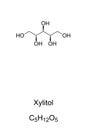 Xylitol, also called Xylite, chemical structure and formula