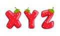 XYZ Ripe Fresh Strawberry Alphabet Letters, Tasty Bright Jelly Red Berry Font Cartoon Vector Illustration Royalty Free Stock Photo