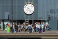 y 2023. Fan shop Ajax at the Johan Cruijff Arena the soccer stadium of Ajax, Ajax logo sign above the entrance.