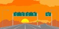 Y junction Highway or motorway and green signage in surise, sunset time illustration