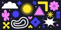 Y2k abstract brutalist shape set, funky groovy flowers, cute minimal sticker kit, stars, wavy irregular objects. Brutal