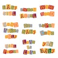 Y2k anonymous newspaper cutout letters in cute quote words. Colorful girly vintage phrases set.