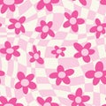 Y2K daisy flowers and checkers seamless pattern in groovy retro funky style.