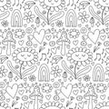 y2k doodle clip art elements seamless pattern background. Black outline design elements - smiling daisy flower, hearts