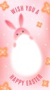 Y2k Easter Poster with Pink Baby Rabbit, Big Egg and Sakura Flowers. Cute Spring Bunny Character. Blurry Gradient