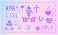 Y2k flame, chain and heart stickers set. Girl pink holographic tattoo, fire, smile, flower, necklace triball glamour