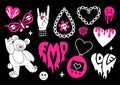 Y2k glamour pink and black elements set. Butterfly, kawaii bear, fire, flame, chain heart, tattoo and other icons in
