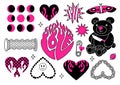 Y2k glamour pink and black elements set. Butterfly, scary teddy, flame, chain, tattoo heart and other stickers in trendy