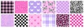 Y2k glamour pink seamless patterns. Backgrounds in trendy emo goth 2000s style.