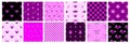 Y2k glamour pink seamless patterns. Backgrounds in trendy emo goth 2000s style. Butterfly, heart, chessboard, mesh