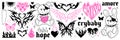 Y2k glamour pink stickers in trendy emo goth 2000s style. Butterfly, kawaii bear, flame, heart etc. Royalty Free Stock Photo