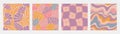 Y2k groovy summer seamless pattern set - floral, lettering, checkered, marble.