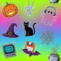 Y2K Halloween pattern with glitch effects, neon ghosts, stickers and tech elements in seamless form Royalty Free Stock Photo