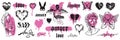 Y2k love tattoo sticker set, heart gothic icon, vector 90s vintage glam Valentine Day, angel. Greek sculpture head, 2000s trendy