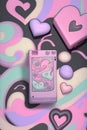 Y2K nostalgia background wallpaper with retro phone and hearts