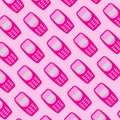 Y2k old mobile groovy pattern. Old pink mobile phone on checkered background.