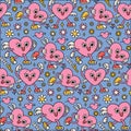 Y2k pink and blue Valentine's day semless pattern. Heart characters with floral hippie elements in trendy 90s style Royalty Free Stock Photo