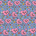 Y2k pink and blue Valentine s day semless pattern. Heart characters with floral hippie elements in trendy 90s style Royalty Free Stock Photo