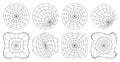 Y2K retro black round wireframe shapes, perspective grids. Surreal black line geometry figures