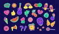 Y2K retro sticker design, vintage trendy, funny girl set 90s on dark purple background. Cartoon hipster collage. Vector