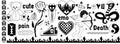 Y2k 2000s black grunge emo goth aesthetic stickers, tattoo art elements and slogan. Punk rock gloomy set. Gothic concept