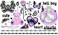 Y2k 2000s cute emo goth aesthetic stickers, tattoo art elements and slogan. Vintage pink and black gloomy set. Gothic