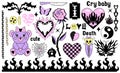 Y2k 2000s cute emo goth aesthetic stickers, tattoo art elements and slogan. Vintage pink and black gloomy set. Gothic Royalty Free Stock Photo