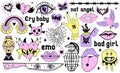 Y2k 2000s cute emo goth aesthetic stickers, tattoo art elements and slogan. Vintage pink and black gloomy set. Gothic